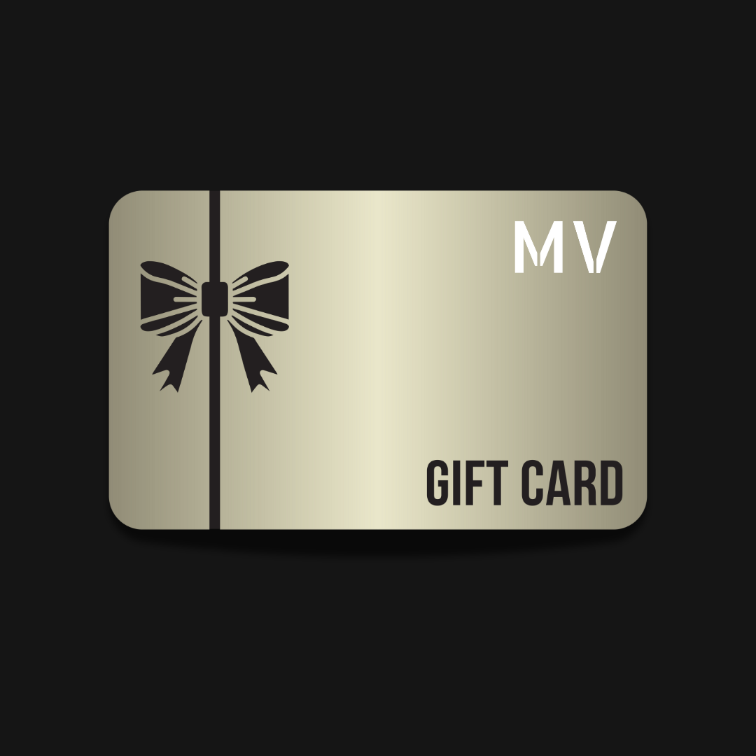 Gold gift card with black bow icon and 'MV' branding on a black background