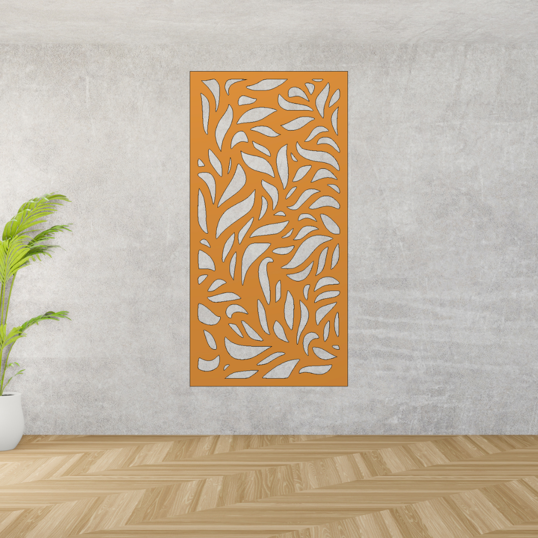 Decorative wall panel with leaf pattern on a gray wall